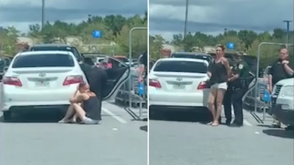 Crystal Marie Houk in tears (left) as she spoke to police, who arrested her (right), when her dog was found dead inside of her car.